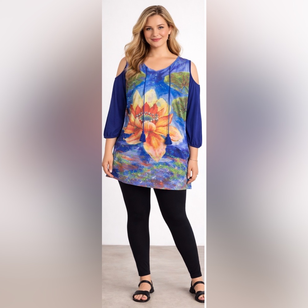Leoma Lovegrove XXXL Water Lily Tunic Top Cold Shoulder 3/4 Sleeve